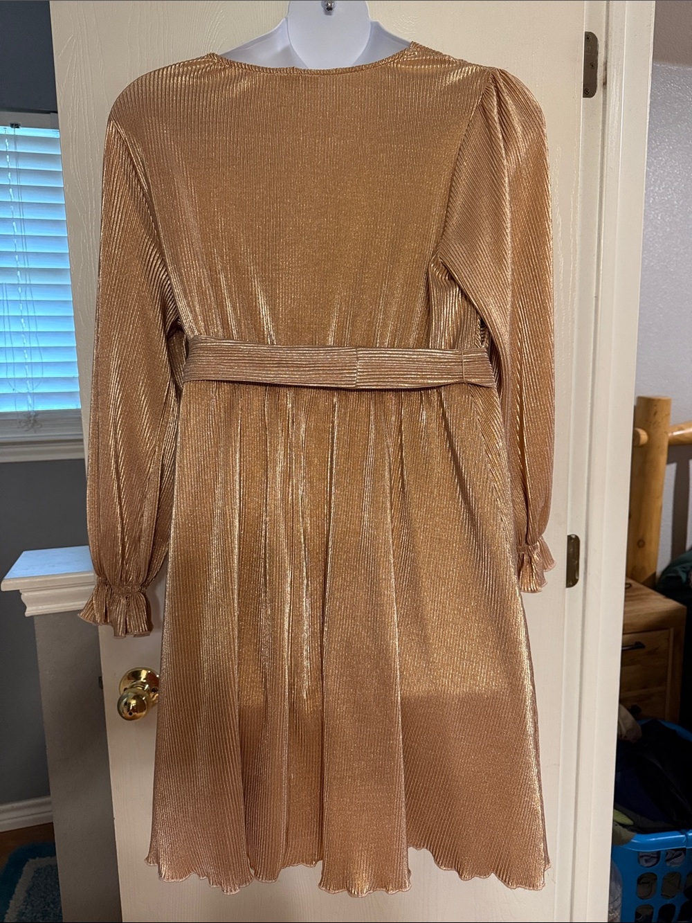 Chenault Metallic Rose Gold Long-Sleeve Wrap Dress with Tie Waist - Picture 4 of 4